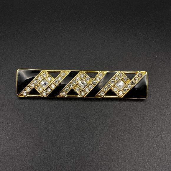 Trifari Jewelry - Vintage TRIFARI Art Deco Style Brooch Black Enamel Pave Crystals Rectangular Bar